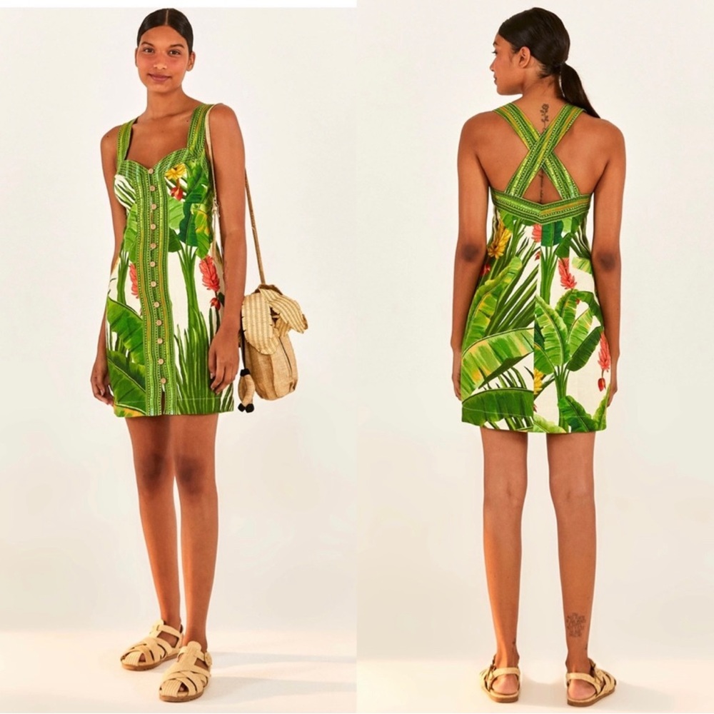 New Farm Rio Fresh Forest Scarf Sweetheart-Neck Minidress S